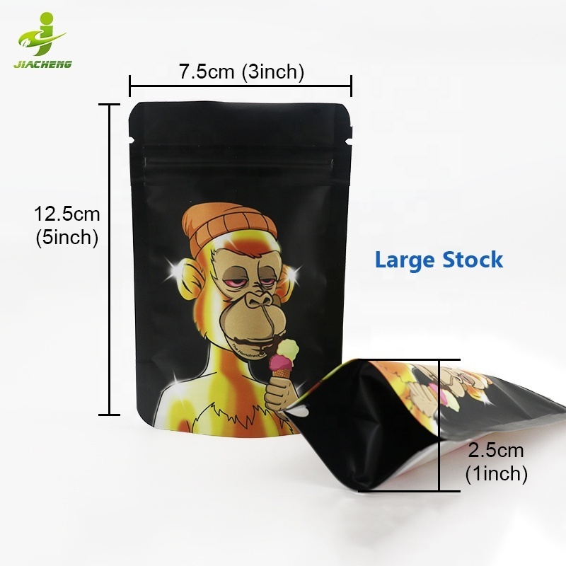 In Stock Resealable 3.5G Candy Cookie Foil Smell Proof Zipper Lock Stand Up Pouch Monkey Mylar Bags With One Side Clear Window