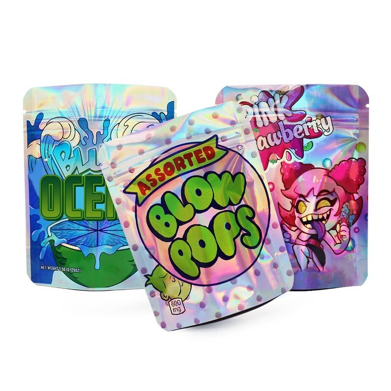 Custom Printed 3.5 g Smell Proof Metallic Foil Pink Plastic Packaging Holographic Mylar Ziplock Bags