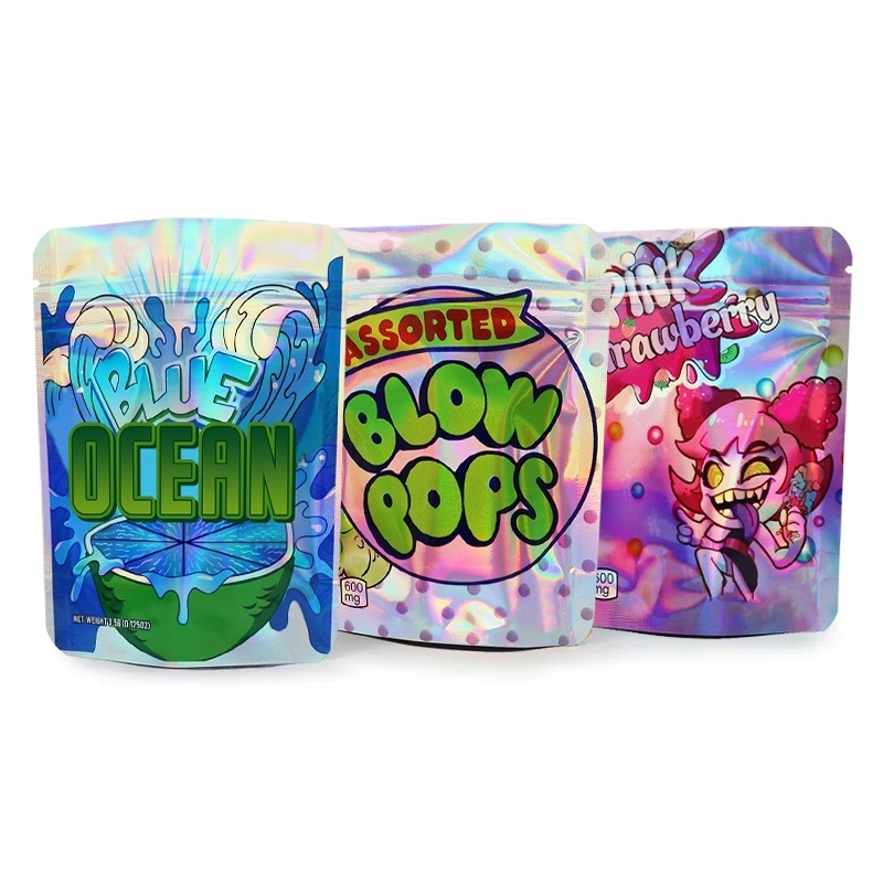 Custom Printed 3.5 g Smell Proof Metallic Foil Pink Plastic Packaging Holographic Mylar Ziplock Bags