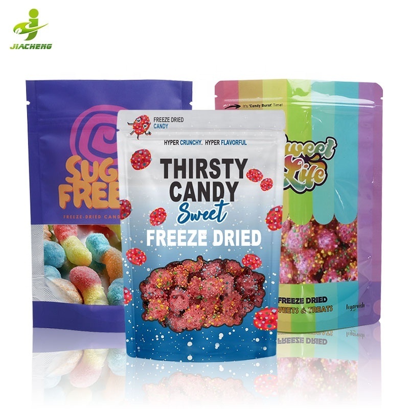 custom design resealable freeze dried candy aluminum foil doypack stand up pouches ziplock mylar bags for food packaging