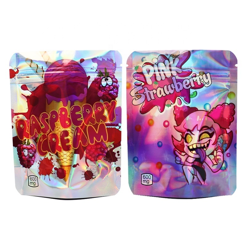 Custom Printed 3.5 g Smell Proof Metallic Foil Pink Plastic Packaging Holographic Mylar Ziplock Bags