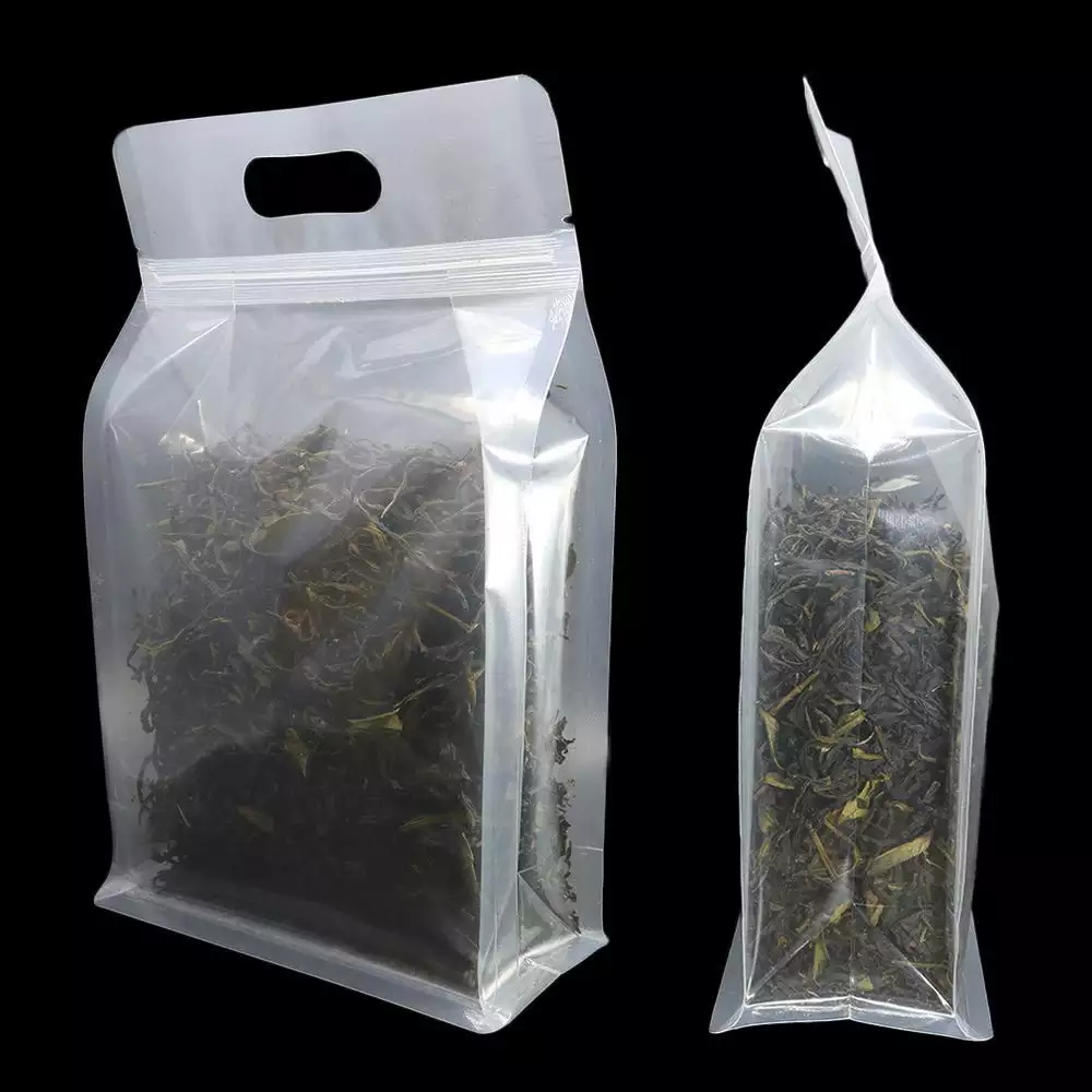 custom resealable clear gusset tea transparent flat plastic square bottoms food grade eight sided clear pouches packaging bags