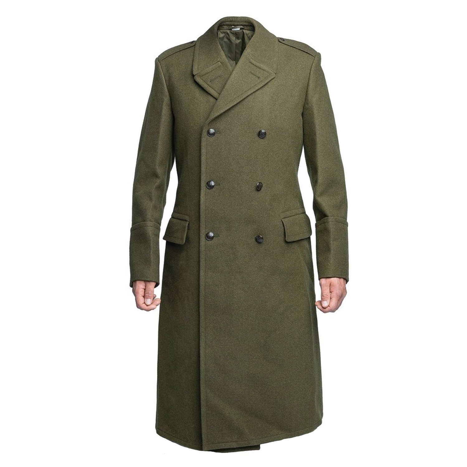 Men's Premium Wool Blend Full Length Trench Coat Winter Double Breasted Notch Lapel Pea Officer Army Green Greatcoat