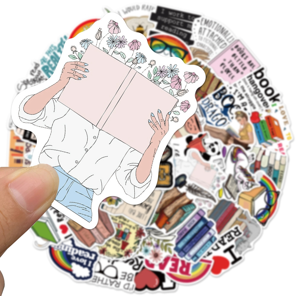 50pcs Reading Book Waterproof Pvc Stickers to Diy Notebook Diary Motorcycle Skateboard Computer Luggage Cartoon Graffiti Decals