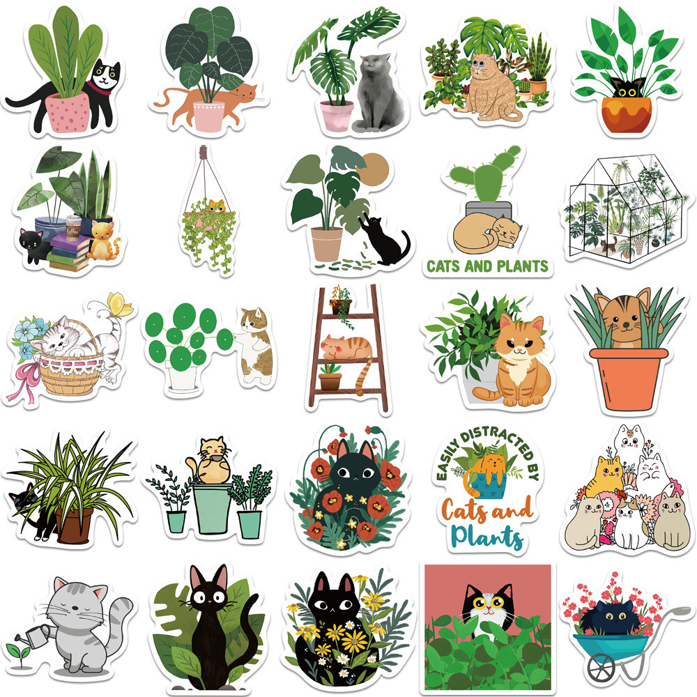 50pcs Die Cut Cat and Plant Waterproof Stickers PVC Material Diy Water Bottles Laptop Skateboard Computer Phone Kids Toys