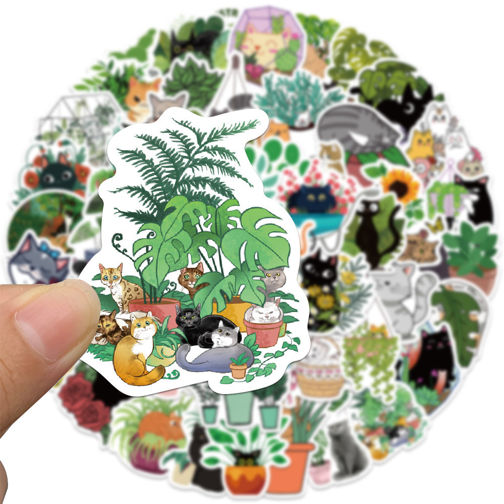 50pcs Die Cut Cat and Plant Waterproof Stickers PVC Material Diy Water Bottles Laptop Skateboard Computer Phone Kids Toys