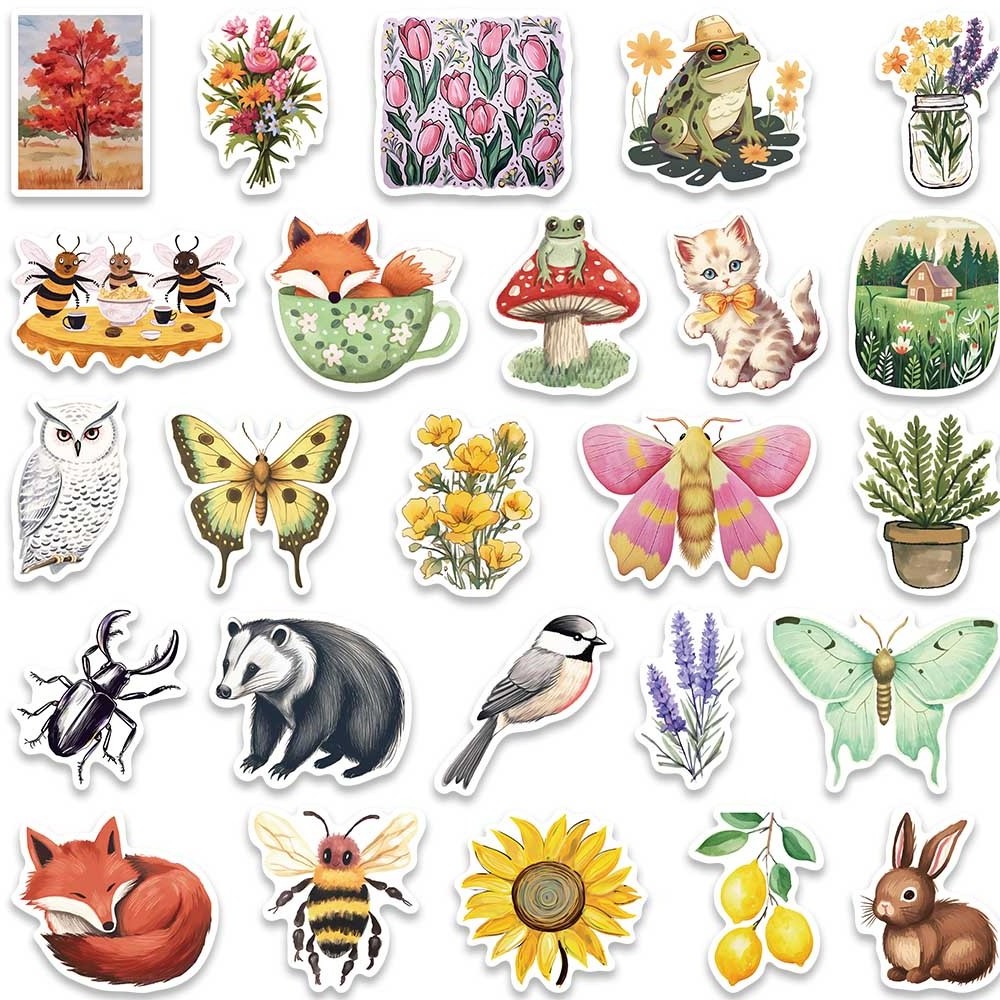 50pcs Retro Cartoon Animals Plants Magic Forest Stickers for Laptop Phone Guitar Luggage Waterproof Graffiti Kids Toys Decals