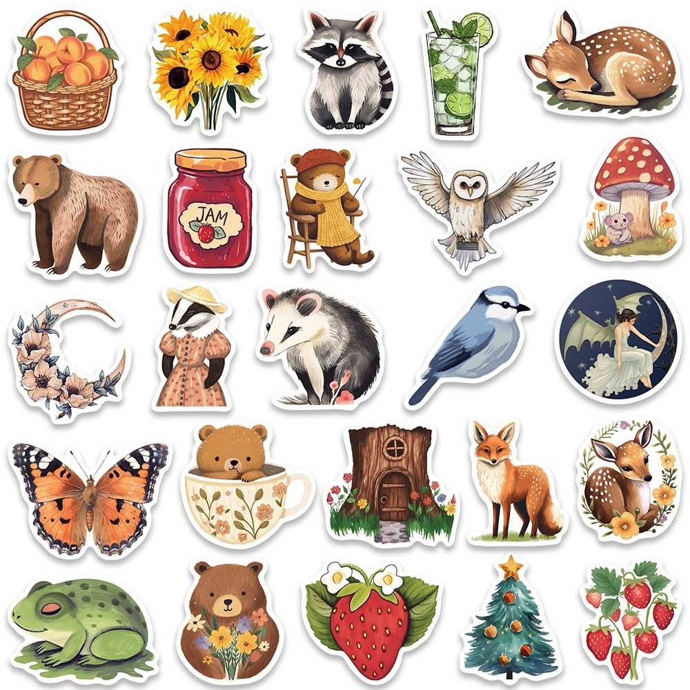 50pcs Retro Cartoon Animals Plants Magic Forest Stickers for Laptop Phone Guitar Luggage Waterproof Graffiti Kids Toys Decals