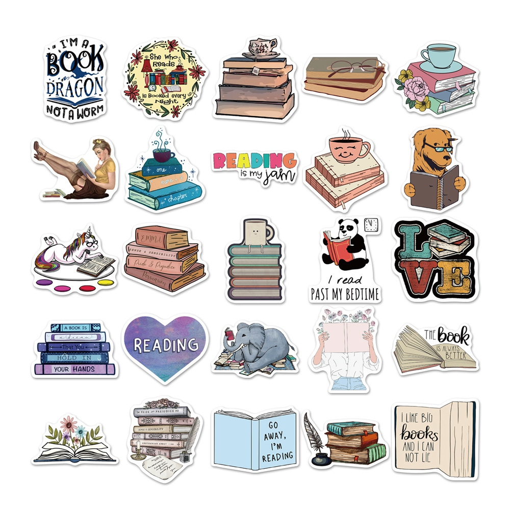 50pcs Reading Book Waterproof Pvc Stickers to Diy Notebook Diary Motorcycle Skateboard Computer Luggage Cartoon Graffiti Decals