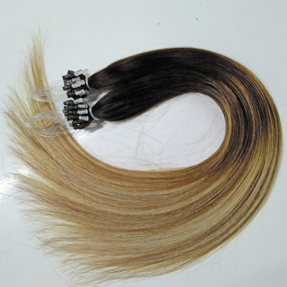 Balayage Ombre Black to Brown with Blonde Highlights Micro Ring Loop Hair Extensions with Silicone Beads Wholesaler