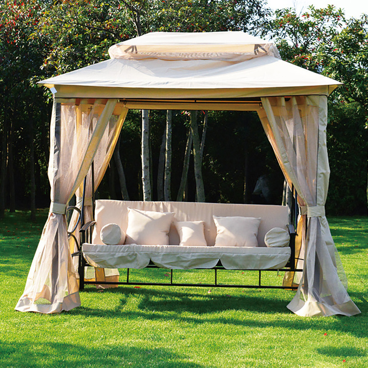 Custom luxury two function three seat outdoor garden gazebo swing chair bed with top canopy and mosquito net