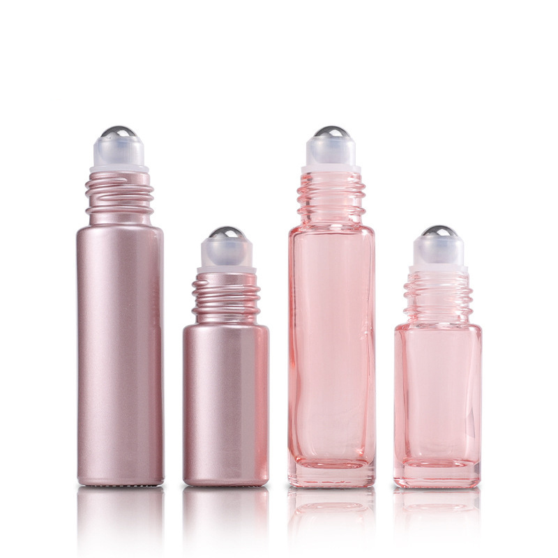 5ml 10ml Frosted Pink Rose Gold Roll On Perfume Bottle Empty Round Shape Cylinder Glass Essential Oil Roller Bottles With Caps