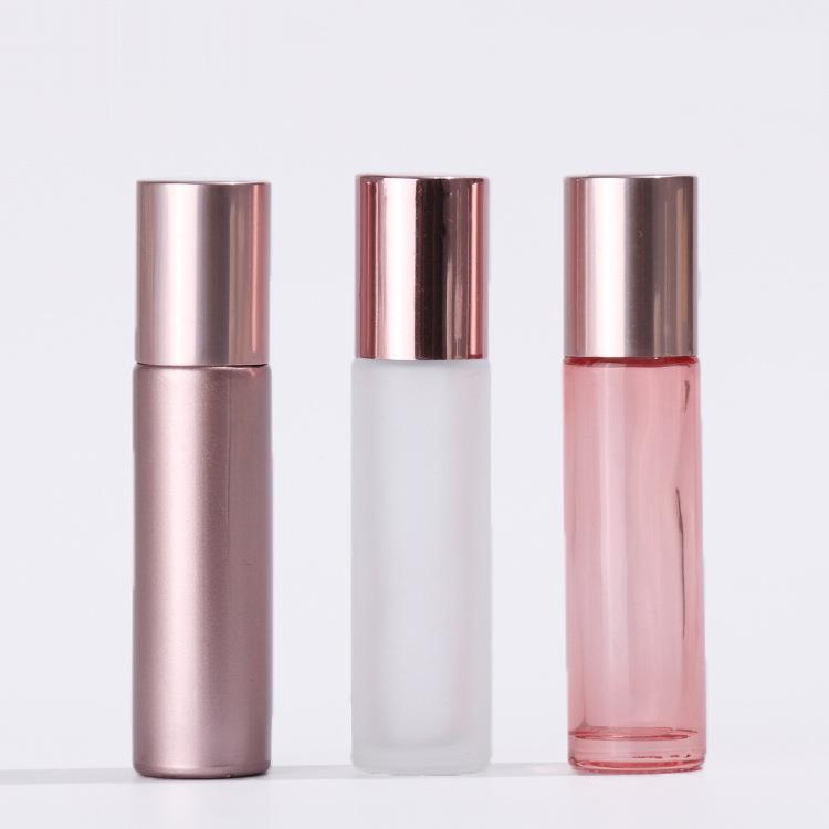 5ml 10ml Frosted Pink Rose Gold Roll On Perfume Bottle Empty Round Shape Cylinder Glass Essential Oil Roller Bottles With Caps