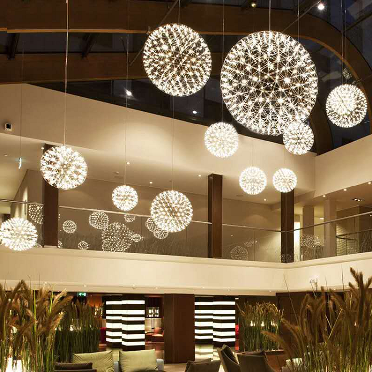 Indoor Home Mall Bar Hanging Lighting Fixture Modern Decorative Stainless Steel Spark Ball Led Chandelier Pendant Light