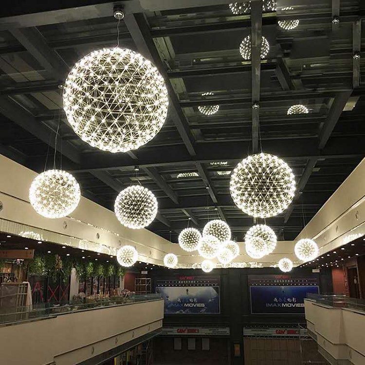 Indoor Home Mall Bar Hanging Lighting Fixture Modern Decorative Stainless Steel Spark Ball Led Chandelier Pendant Light