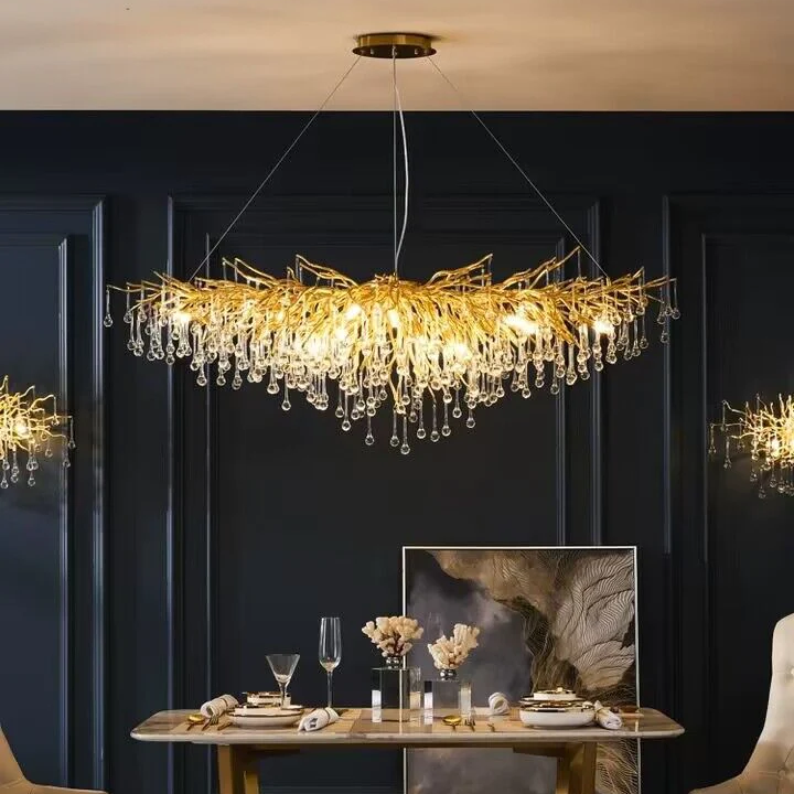 Hanging Lighting Rain Drop Chandelier Living Room Dining Room Luxury Gold Branch Crystal Chandelier