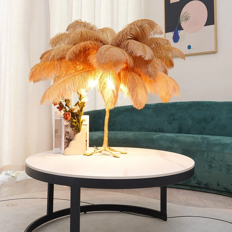 Nordic Ostrich Feather Led Floor Lamp Copper Resin Living Room Home Decor Indoor Lighting Bedroom Bedside Standing Table Light