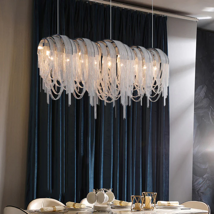 Postmodern Luxury Hotel Restaurant Living Room Tassel Chandeliers Gold Silver Aluminum Tassel Fringe Chain Chandelier