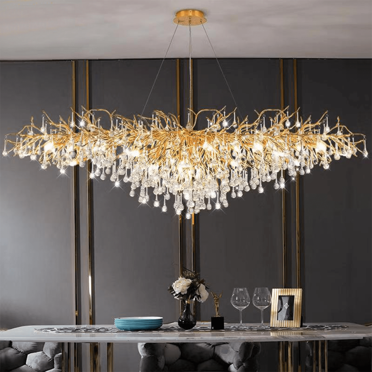 Hanging Lighting Rain Drop Chandelier Living Room Dining Room Luxury Gold Branch Crystal Chandelier