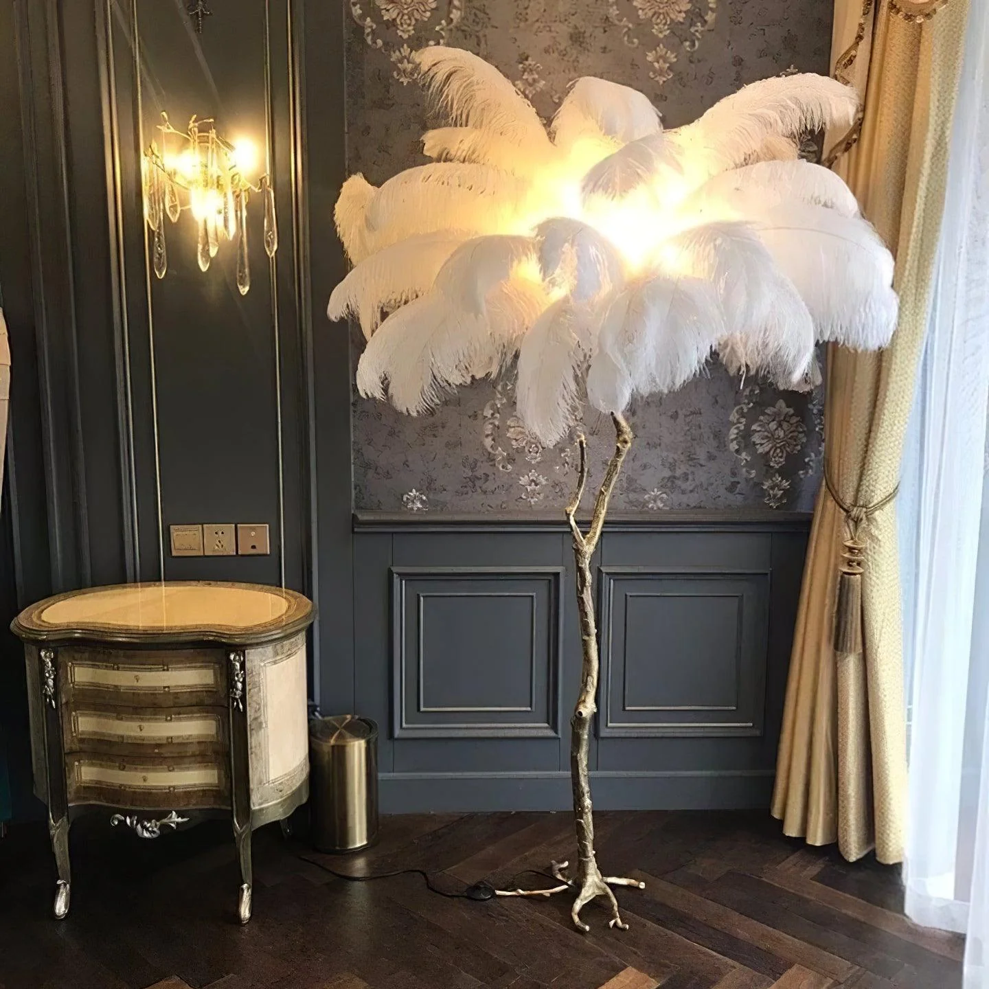 Nordic Ostrich Feather Led Floor Lamp Copper Resin Living Room Home Decor Indoor Lighting Bedroom Bedside Standing Table Light