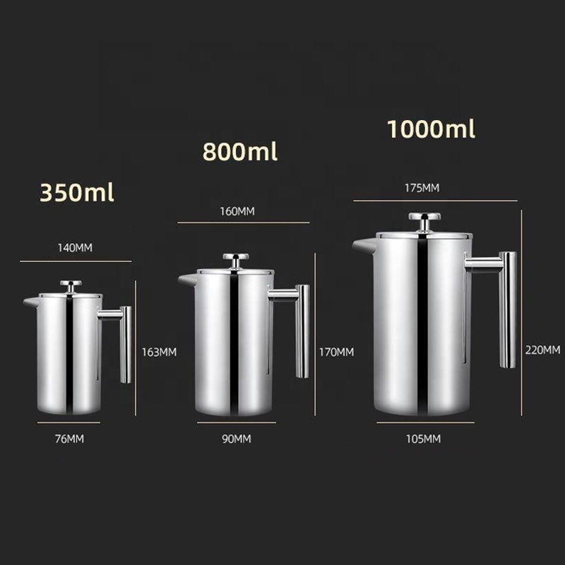 Hot Sell Stainless Steel French Press Coffee Pot 350ml 800ml 1000ml Double Wall Metal Insulation Coffee Maker