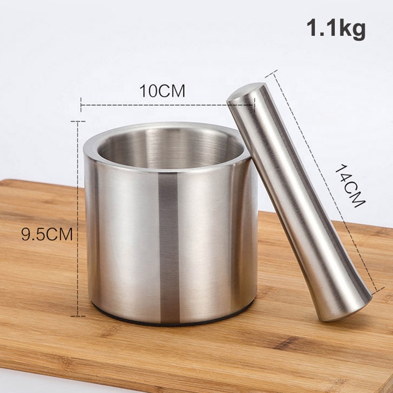 Cylinder Shape Stainless Steel Mortar and Pestle Set Spice Grinder Pill Crusher with Lid and Anti-Slip Base Metal Material