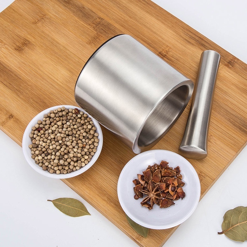 Cylinder Shape Stainless Steel Mortar and Pestle Set Spice Grinder Pill Crusher with Lid and Anti-Slip Base Metal Material