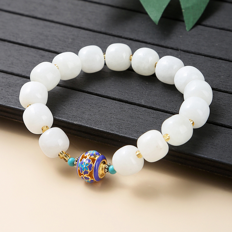 JD 10-11mm Good Fortune Courageous Lucky and Wealth Jade Beaded Elastic Bracelet Natural Hotan White Jade Cloisonne Bracelet