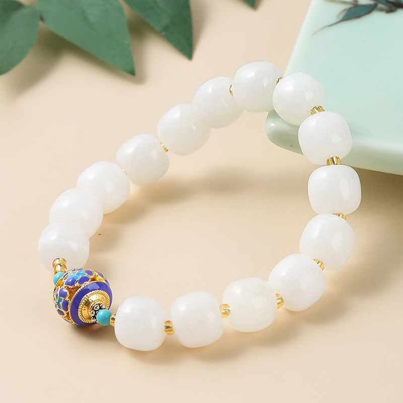 JD 10-11mm Good Fortune Courageous Lucky and Wealth Jade Beaded Elastic Bracelet Natural Hotan White Jade Cloisonne Bracelet