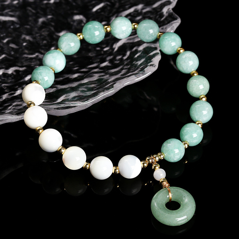 JD GEMS Handmade Gemstone Fashion Jewelry Natural Trochus Shell Myanmar Jade Round Beads Bracelet with Peach Buckle Pendant