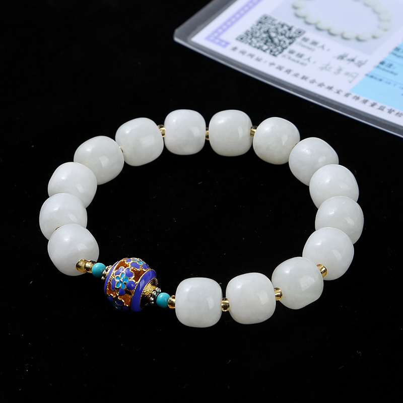 JD 10-11mm Good Fortune Courageous Lucky and Wealth Jade Beaded Elastic Bracelet Natural Hotan White Jade Cloisonne Bracelet