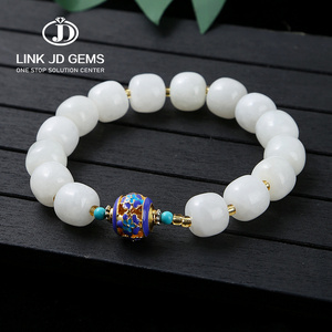 JD 10-11mm Good Fortune Courageous Lucky and Wealth Jade Beaded Elastic Bracelet Natural Hotan White Jade Cloisonne Bracelet