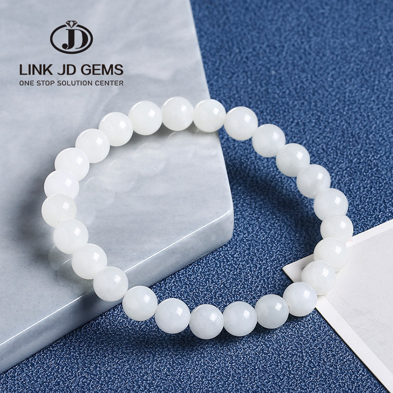 JD 8mm Natural Nephrite Beaded Bracelets Milk White Hetian Jade Healing Reiki Bracelet for Couple Birthday Gift