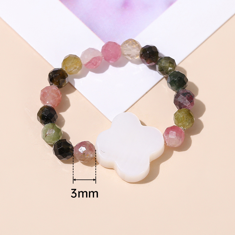 JD Natural Stone Tourmaline 3mm Small Bead Strand Finger Rings Women Men Fashion Lucky Shell Four-Leaf Clover Handmade Rings