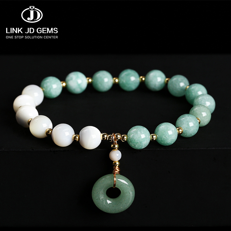 JD GEMS Handmade Gemstone Fashion Jewelry Natural Trochus Shell Myanmar Jade Round Beads Bracelet with Peach Buckle Pendant