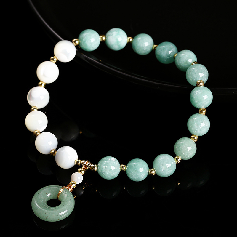 JD GEMS Handmade Gemstone Fashion Jewelry Natural Trochus Shell Myanmar Jade Round Beads Bracelet with Peach Buckle Pendant