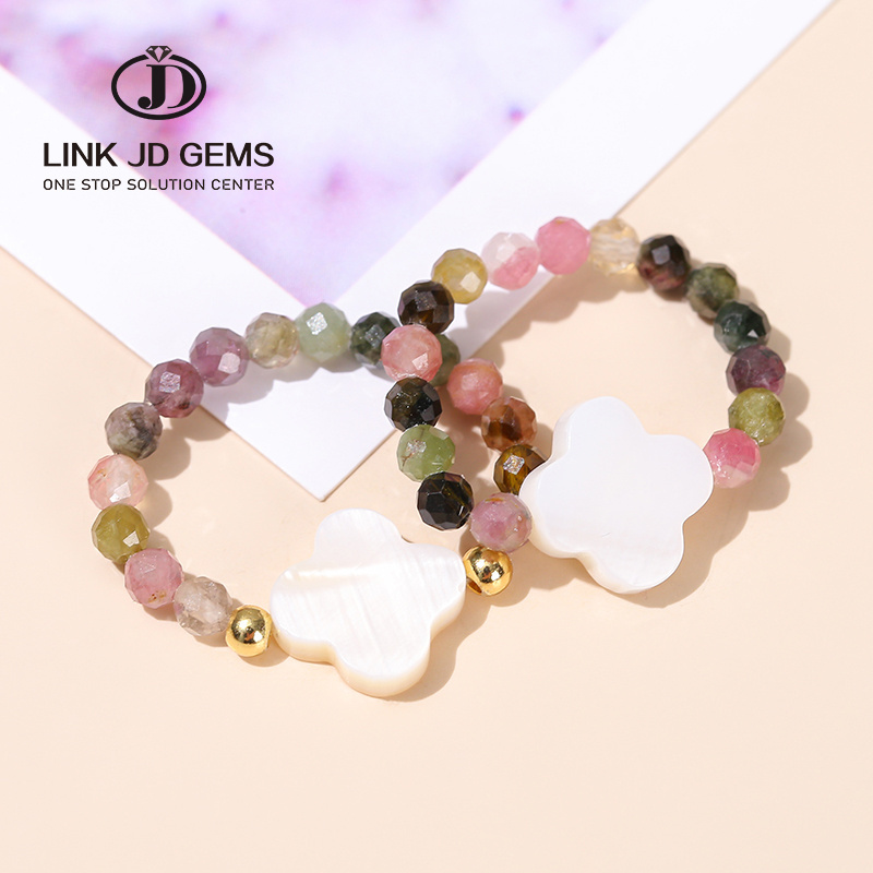 JD Natural Stone Tourmaline 3mm Small Bead Strand Finger Rings Women Men Fashion Lucky Shell Four-Leaf Clover Handmade Rings