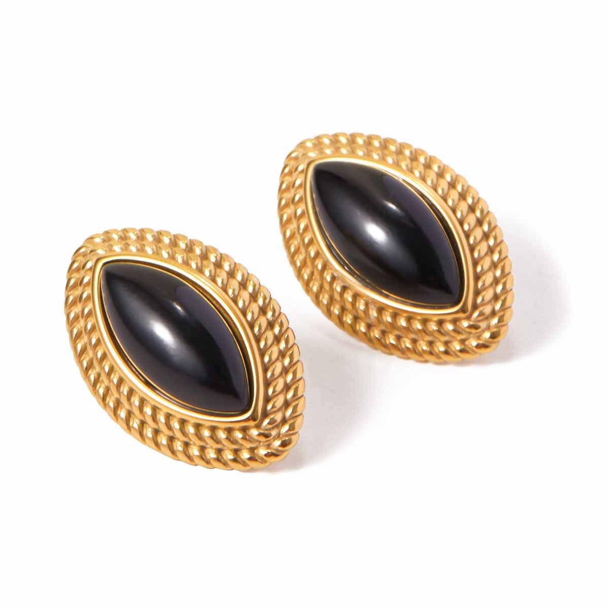 J&D Jewelry 18K Gold Plated Vintage Stainless Steel Black Agate Stone Oval Stud Earrings for Women