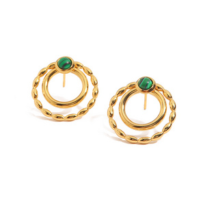 Fashion Jewelry Double Hoops Elegant Earrings Stainless Steel PVD Gold Plated Green Malachite  Earrings