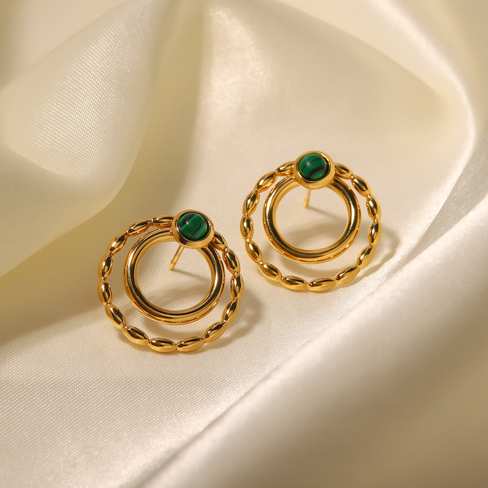 Fashion Jewelry Double Hoops Elegant Earrings Stainless Steel PVD Gold Plated Green Malachite  Earrings