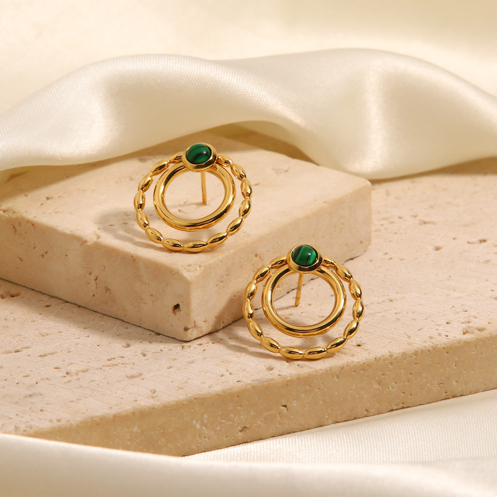 Fashion Jewelry Double Hoops Elegant Earrings Stainless Steel PVD Gold Plated Green Malachite  Earrings