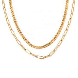 Minimalist 2 Layer Link  Cuban Chain Retro18K Real Gold Plated Stainless Steel Chain Necklace