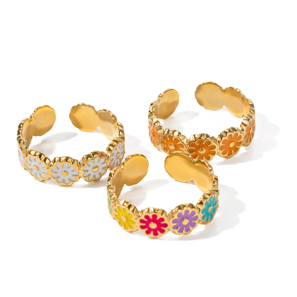 Summer Colorful Flower Ring 18K PVD Gold Plated Stainless Steel Hand Making Oil Drop Craft Open Ring Set