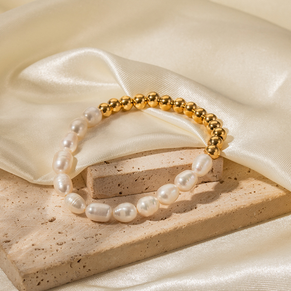 18K Gold Freshwater Pearl And Beads Stainless Steel Bracelet Half Chain Natural Pearl Bracelets Women Jewelry