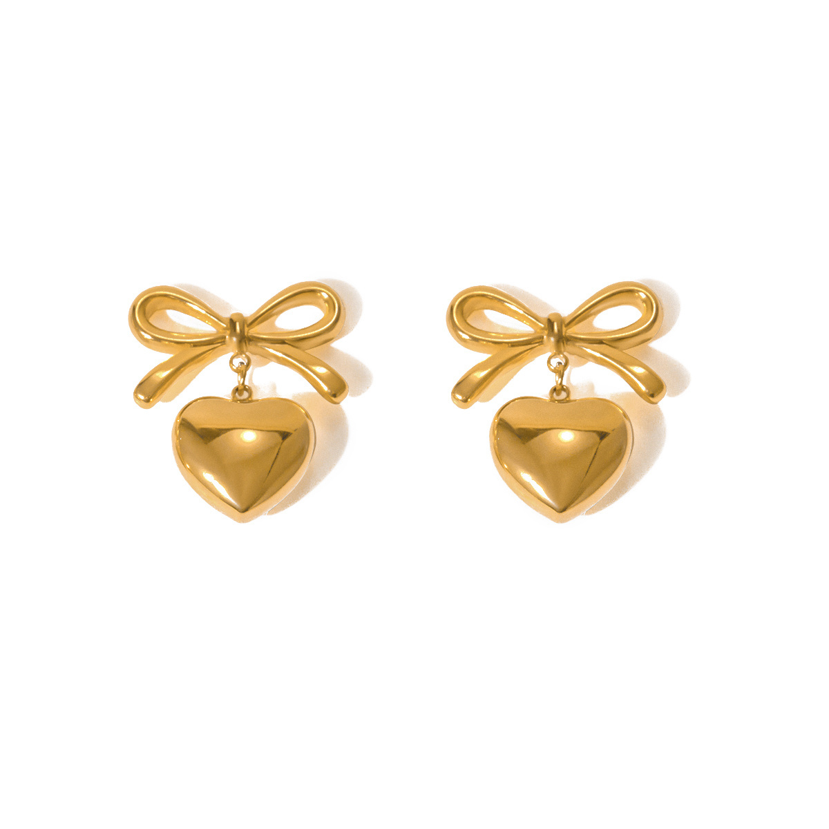 J&D Fashion Waterproof 18K Gold Plated PVD Stainless Steel Smooth Heart Pendant Bow Stud Earring Girl