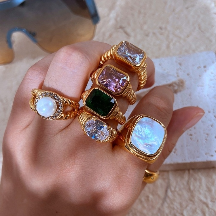 18K Gold PVD Plated 316L Stainless Steel Rings Finger Chunky Wedding statement Jewelry Shell Freshwater Pearl Zircon Ring