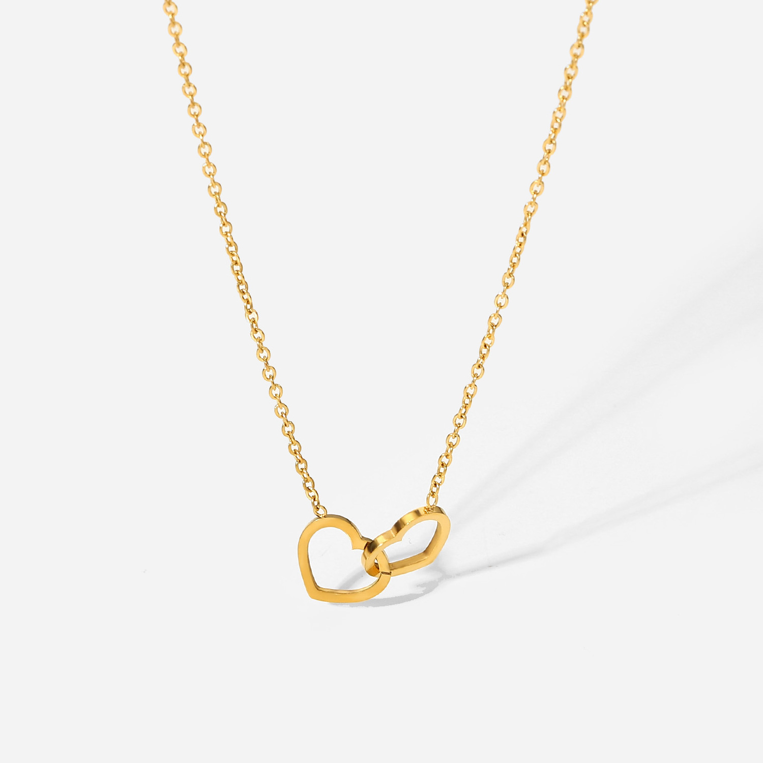 Romantic Gift Stainless Steel 18K Gold-plated Thin Chain Double Heart Ring Pendant Necklace For Women