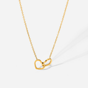 Romantic Gift Stainless Steel 18K Gold-plated Thin Chain Double Heart Ring Pendant Necklace For Women