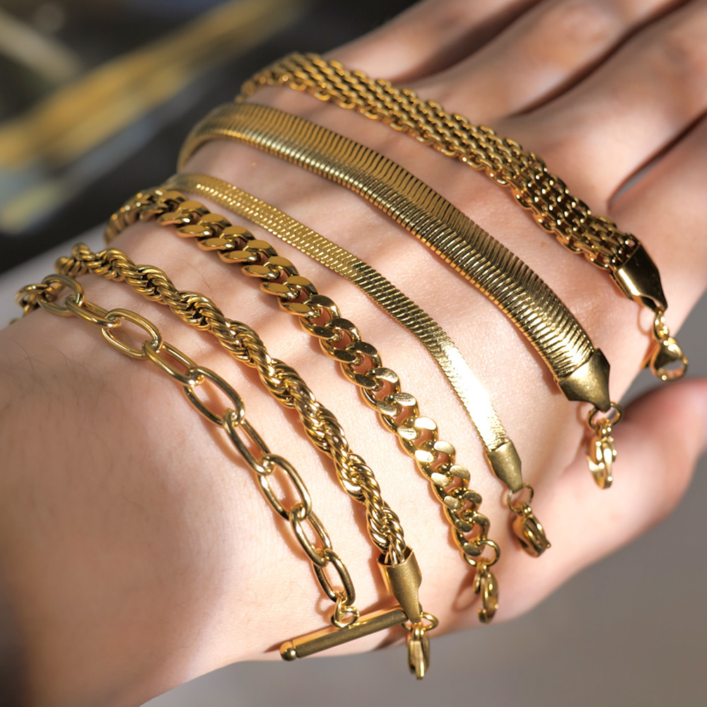 Hot Selling 18K Gold Plated Stainless Steel  Bracelet Set Miami Cuban Chain Bangle Flat Snake Stacking Bracelet For Women