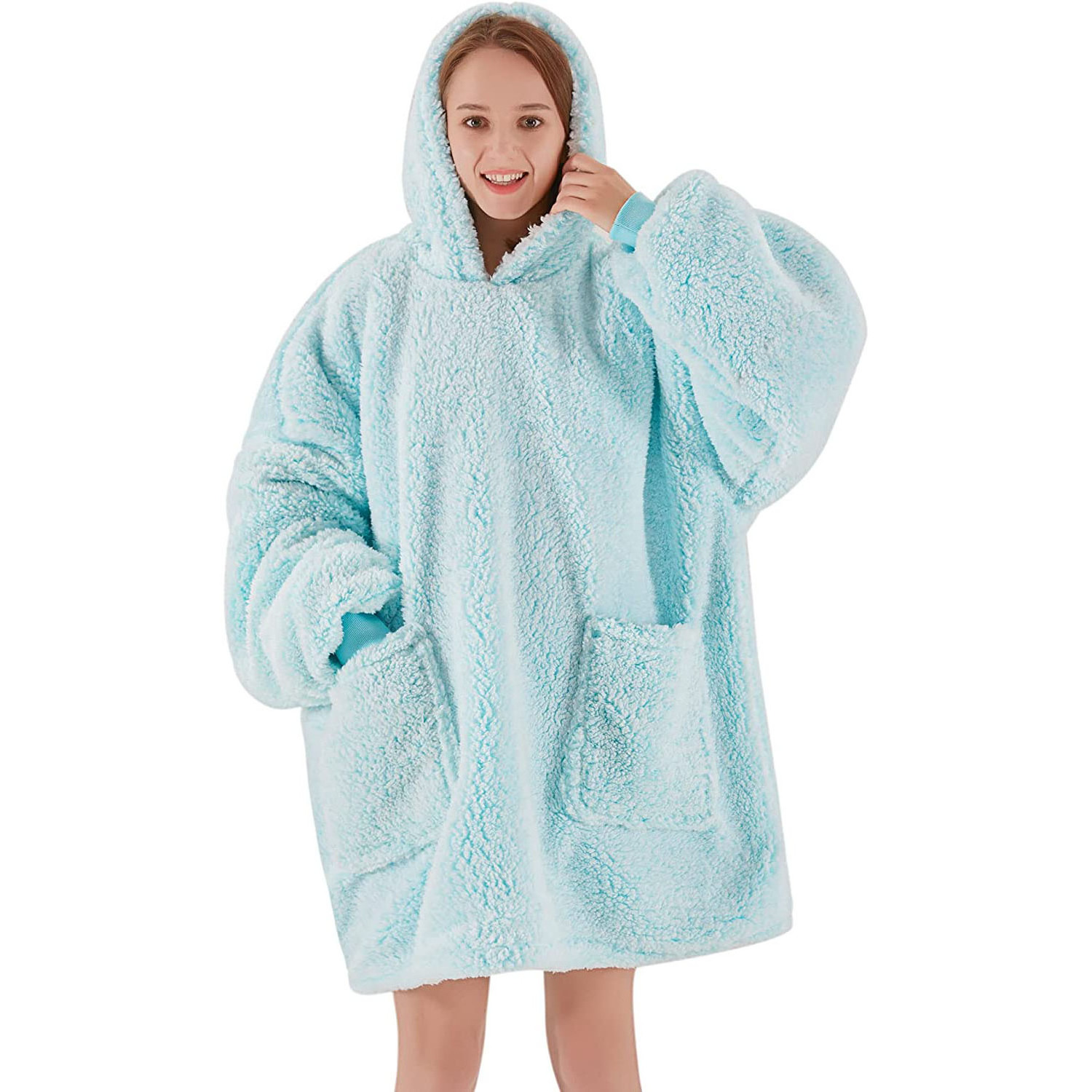 Wearable Blanket Hoodie Oversized Sherpa Fleece Blanket Sweatshirt with Hood One Size Fits All